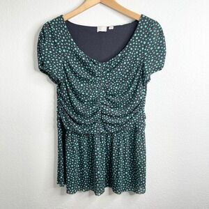 Anthropologie Postmark Polka Dot Ruched Peplum Blouse Green Black Short Sleeve L